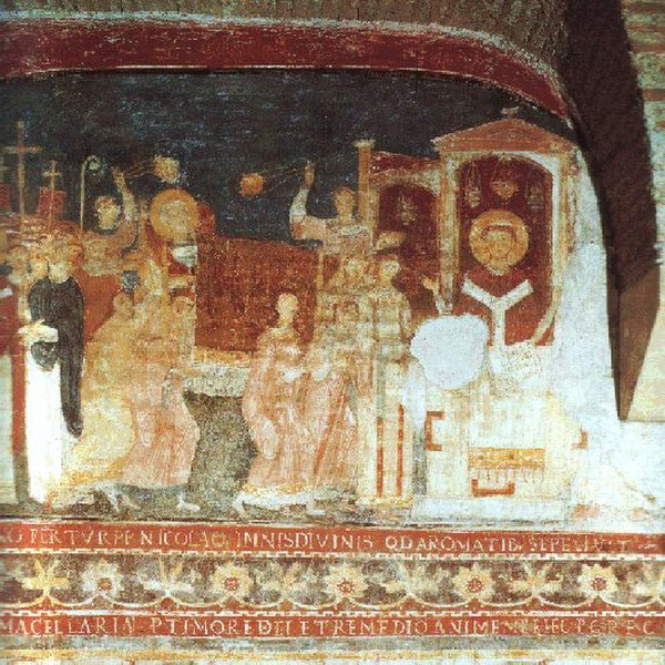 Nicholas II (right) depicted in a fresco in the Basilica of San Clemente al Laterano in Rome c. 12th century