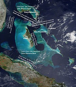 Estrechos y canales alrededor de las islas de las Bahamas Basado en MODIS, cortesía de NASA