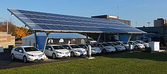 The Chevrolet Volt is the all-time top selling EV in Canada. Shown here is a fleet of Volts at a solar-powered charging station in Toronto. Baka-charging-station cropped.jpg