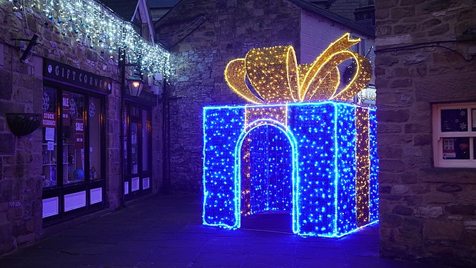 Illuminated giant Christmas present in Bakewell, England