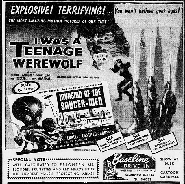 Drive-in advertisement for the double feature, I Was a Teenage Werewolf and Invasion of the Saucer Men. AIP double features were popular on the drive-