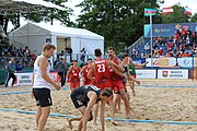 Deutsch: Beachhandball Europameisterschaften 2019 (Beach handball Euro); Tag 6: 7. Juli 2019 – Spiel um Platz Drei, Männer, Ungarn-Russland 2:0 (26:20, 23:22) English: Beach handball Euro; Day 6: 7 July 2019 – Men's Bronze Medal Match – Hungary-Russia 2:0 (26:20, 23:22)