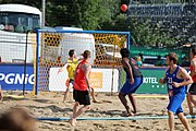 Deutsch: Beachhandball Europameisterschaften 2019 (Beach handball Euro); Tag 1: 2. Juli 2019 – Männer, Vorrunde Gruppe D, Frankreich-Montenegro 2:0 (19:7, 18:9) English: Beach handball Euro; Day 1: 2 July 2019 – Men Preliminary Round Group D – France-Montenegro 2:0 (19:7, 18:9)