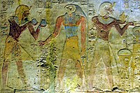 Wall relief of Ramesses II making an offering to Horus at Beit el-Wali temple Beit el-Wali temple relief in Nubia.jpg