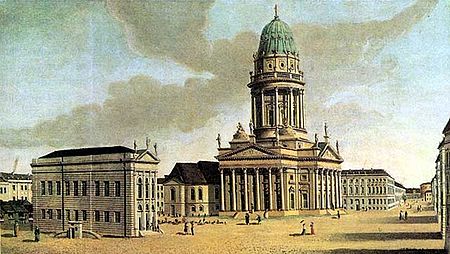 Berlin Gendarmenmarkt m franzoes Dom u Komoedienhaus (Fechhelm 1788)