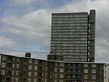 Bradley House and Maydew House on Abbeyfield Estate, Rotherhithe - completed by Wates in 1967 Bradley House and Maydew House, London SE16.jpg