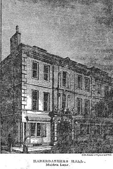 Haberdashers' Hall on Maiden Lane (1820) Brayley(1820) p2.019 - Haberdashers Hall, Maiden Lane.jpg
