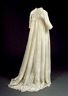 Bridal gown made from nettle fibers, probably worn by Eleonora Sophie Rantzau (1779-) at her wedding to Preben Bille-Brahe, Hvedholm Castle. National Museum of Denmark. Brudekjole, 1797.jpg