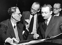 Klemperer (left) with members of the Cologne Radio Symphony Orchestra, 1954