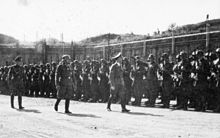 Heinrich Himmler walking along the front line of soldiers of the Waffen SS division "Leibstandarte SS Adolf Hitler"