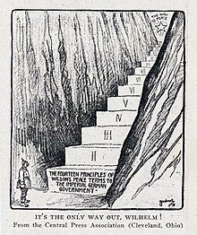 Wilson's Fourteen Points as the only way to peace for German government, American political cartoon, 1918. Bushnell cartoon about Kaiser Wilhelm considering Wilson's 14-point plan.jpg