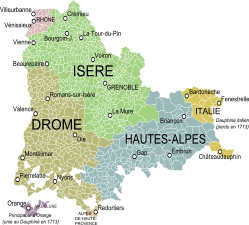 Le Dauphiné dans ses limites du XVIIIe siècle et les communes et départements actuels. Vénissieux apparaît en haut à gauche.