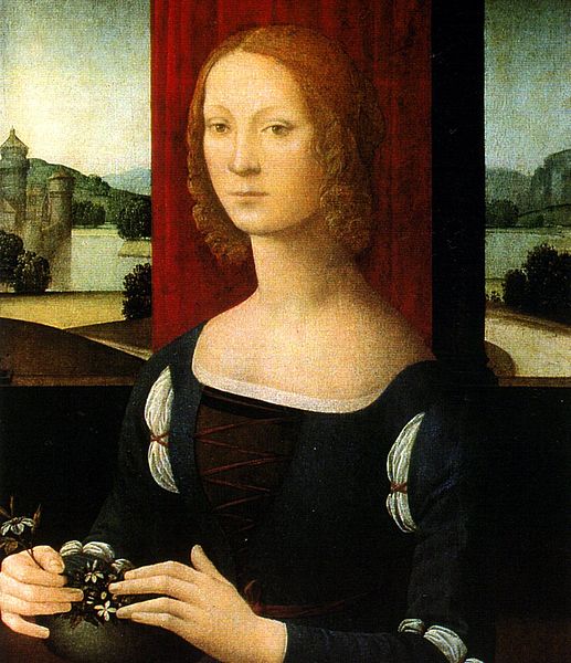 La dama dei gelsomini by Lorenzo di Credi. Portrait of Girolamo's wife Caterina Sforza.