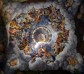 La chute des Géants (1532-1535), fresque de Jules Romain recouvrant le plafond de la salle des Géants du Palais Te, à Mantoue. (définition réelle 5 318 × 3 753)