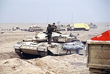 Challenger 1 tank of the Royal Scots Dragoon Guards flying a Saltire from the whip antenna Challenger Desert Storm 1.jpg
