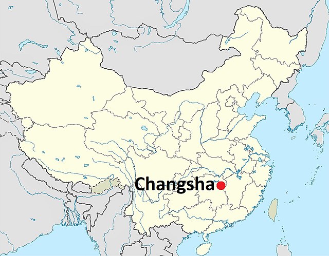 Landakort sem sýnir legu Changsha borgar í Hunan héraði í Kína.
