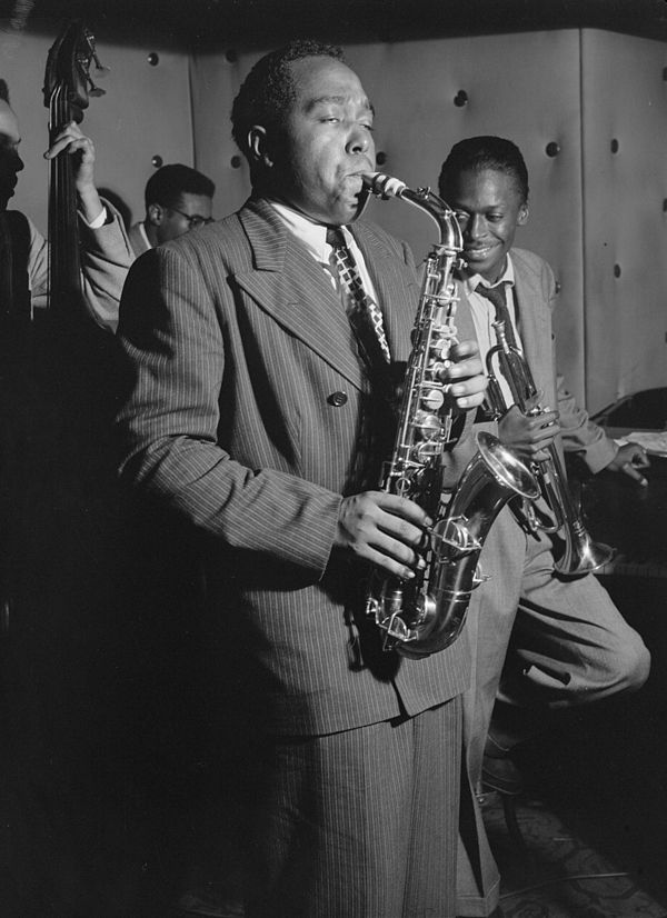 Alto saxophonist Charlie Parker was a leading performer and composer of the bebop era. He is pictured here with Tommy Potter, Max Roach and Miles Davi