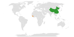 Карта, показваща местоположенията на Китай и Гвинея