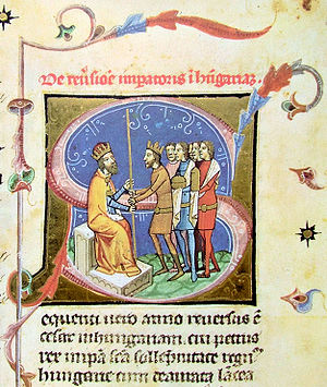 Inthronisierung von König Peter I. durch den deutschen König Heinrich III. im Jahr 1044 (Ungarische Bilderchronik, 14. Jahrhundert)