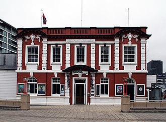 Front entrance of Circa Theatre showing the facade of the heritage Westport Coal building from 1916 Circa Theatre (31400011660).jpg