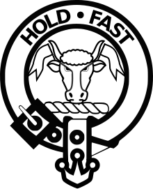 The Macleod's crest badge contains the bull's head and the motto "hold fast". Clan member crest badge - Clan Macleod.svg