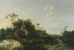 Cornelis Snellinck - Peisaj cu figuri care trec pe lângă o cabană și un iaz.jpg