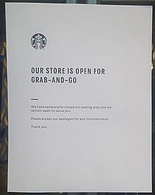 A sign at a Starbucks that has become to-go only as a result of Roy Cooper's executive order. Coronavirus Starbucks notice.jpg