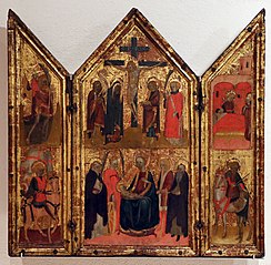 tryptique avec la crucifixion et la Vierge à l'enfant entourée de saints