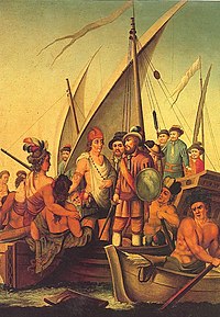 The capture of Cuauhtemoc, featured on the cover of Le destin brise de l'empire azteque
. Cuahutemoc y su familia son hechos prisioneros.jpg