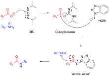 Amide bond formation using DIC/HOBt. DIC HOBt coupling.svg
