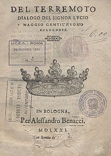 Del terremoto, dialogo del signor Lucio Maggio gentil'huomo bolognese (1571) Del terremoto, dialogo del signor Lucio Maggio gentil'huomo bolognese (1571).jpg