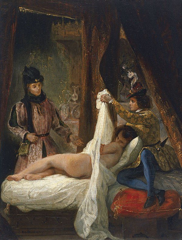 Louis d'Orléans unveils a mistress c.1825–26 (Thyssen-Bornemisza Collection, Madrid) by Eugène Delacroix, illustrating Louis' reputation as a debauche