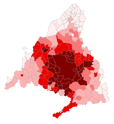 Mapa de la Comunitat de Madrid per municipi segons la densitat de població