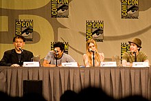 Director Sam Raimi and actors Dileep Rao, Alison Lohman, and Justin Long discussing the film at San Diego Comic-Con International in 2008