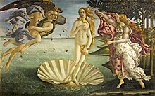 Suuri suorakaiteen muotoinen paneeli.  Keskellä jumalatar Venus seisoo kelluvassa suuressa simpukankuoressa paksut kultaiset hiukset ympärillään.  Vasemmalla kaksi Tuulenjumalaa puhaltaa hänet kohti rantaa, missä oikealla Flora, kevään henki, on puettamassa hänet vaaleanpunaiseen, kukilla koristeltuun kaapuun.  Figuurit ovat pitkänomaisia ​​ja rauhallisia.  Värit ovat herkkiä.  Kultaa on käytetty korostamaan yksityiskohtia.
