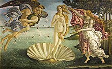 Large rectangular panel. At the centre, the Goddess Venus, with her thick golden hair curving around her is standing afloat in a large seashell. To the left, two Wind Gods blow her towards the shore where on the right Flora, the spirit of Spring, is about to drape her in a pink robe decorated with flowers. The figures are elongated and serene. The colours are delicate. Gold has been used to highlight the details.