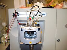 The outside of the electrospray interface on an LTQ mass spectrometer. Electrospray interface on the LTQ.jpg
