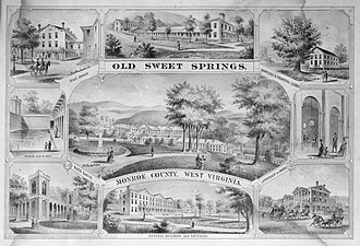 Engraving of Old Sweet Springs showing the various buildings and amenities at the resort. Engraving of Old Sweet Springs.jpg