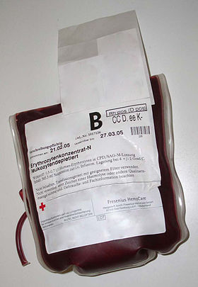 Beg plastik dengan 0.5 - 0.7 liter mengandungi sel darah merah padat di dalam larutan sitrat, fosfat, dekstrosa, dan adenina (CPDA)