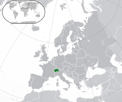 Location of Switzerland (green)in Europe (green and dark grey)