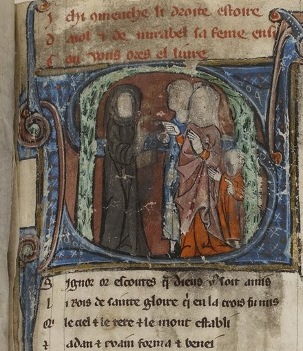 Incipit, miniature and first four lines of Aiol and Mirabel, ms. 25516 fr. of the BnF, fol. 96r. 1275–90.