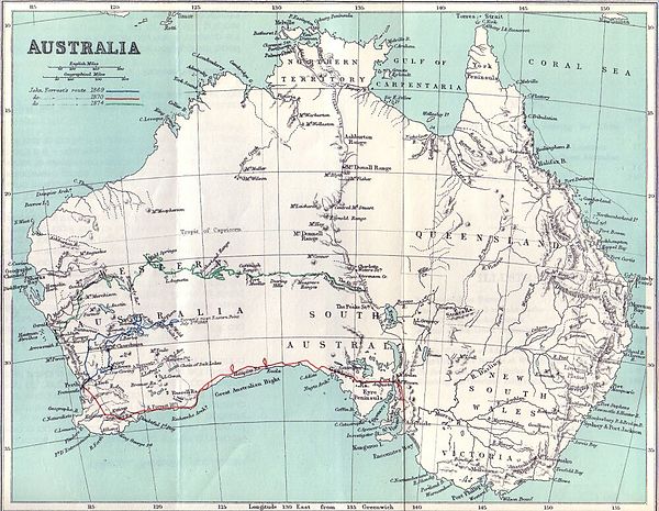 Forrest's explorations, as pictured in his book, Explorations in Australia.