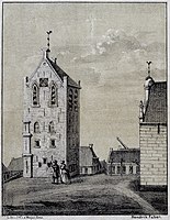 De losse kerktoren vlak voor de afbraak op een lithografie van Johannes Harmannus van de Weijer naar een schilderij van Hendrik Faber.