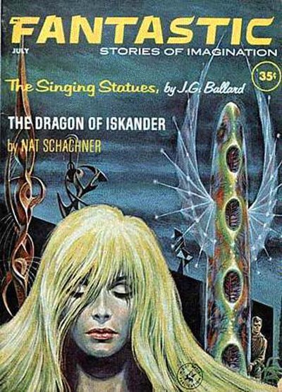 Ballard's Vermilion Sands story "The Singing Statues" took the cover of the July 1962 issue of Fantastic, featuring artwork by Ed Emshwiller.