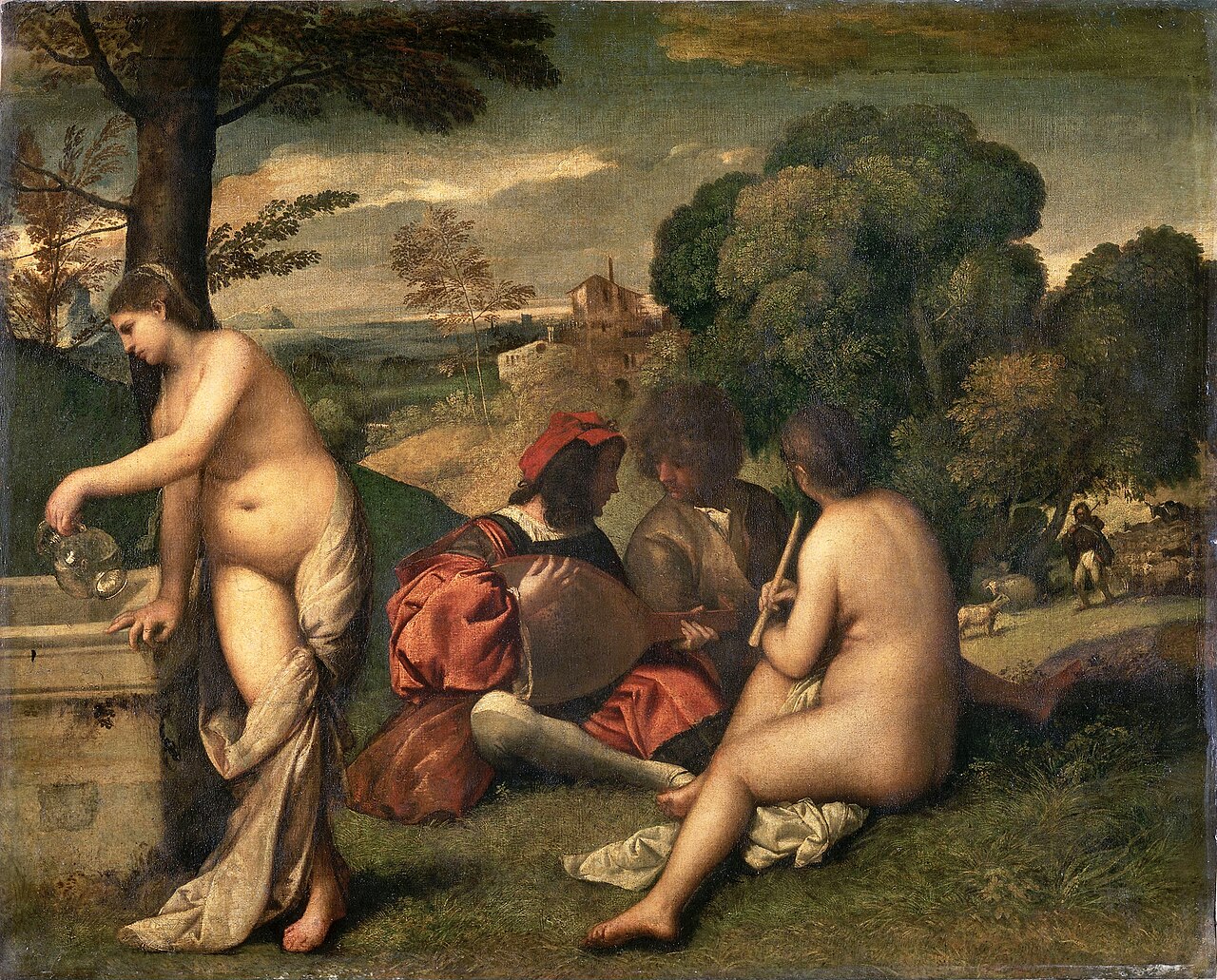 Two nude women stand and sit in the foreground as two men in dress of the period converse while sitting in a landscape