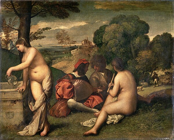 The Pastoral Concert (c. 1510) by Giorgione or Titian, Louvre, Paris, cited as an inspiration for Manet's painting