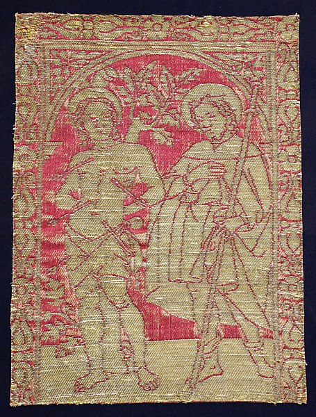 File:Firenze, tessuto coi ss. sebastiano e rocco, in lampasso lanciato, con seta e oro filato, 1490 ca.jpg