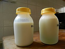 Formula and pumped breastmilk side by side. Note that the formula is of uniform consistency and color, while the expressed breast milk exhibits properties of an organic solution by separating into a layer of fat at the top (the "creamline"), followed by the milk, and then a watery blue-colored layer at the bottom. Formula and breastmilk.jpg