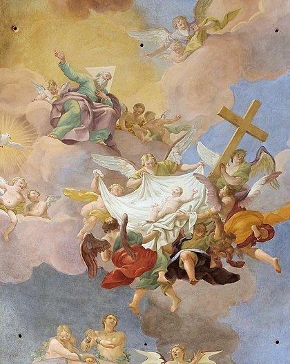 Glory of the Newborn Christ in Presence of God the Father and the Holy Spirit. Detail of a ceiling painting by Daniel Gran in St. Anne's Church, Vienna. Adam and Eve are portrayed below, in chains. Glory of the New born Christ - Annakirche Vienna.jpg