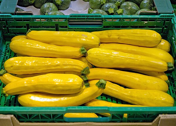 Golden zucchini grown in the Netherlands for sale in a supermarket in Montpellier, France, in April 2013